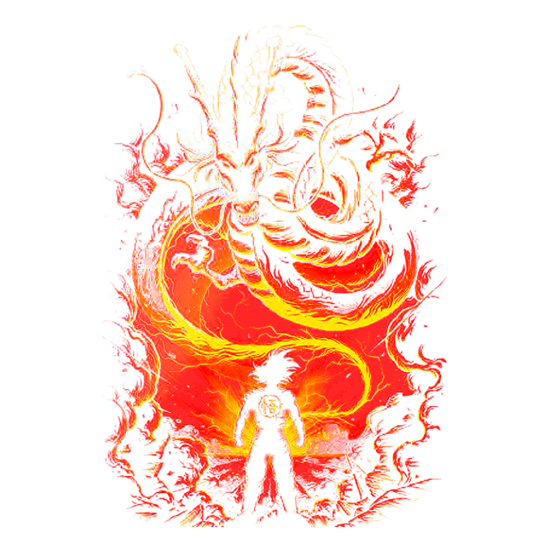 Ilustração vibrante de uma figura humana em silhueta rodeada por elementos flamejantes e padrões complexos, simbolizando energia e poder. O fundo apresenta cores quentes predominantes, como vermelho e amarelo, criando um efeito impressionante e dinâmico.