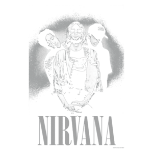 Banda Nirvana em uma imagem em preto e branco, com foco em Kurt Cobain ao centro, usando óculos escuros, acompanhado por dois membros do grupo. A arte destaca o nome "NIRVANA" em letras estilizadas na parte inferior.