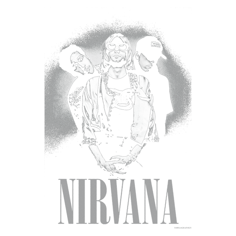 Banda Nirvana em uma imagem em preto e branco, com foco em Kurt Cobain ao centro, usando óculos escuros, acompanhado por dois membros do grupo. A arte destaca o nome "NIRVANA" em letras estilizadas na parte inferior.
