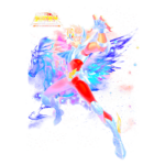 Imagem de um personagem de anime com traje colorido e detalhes metálicos, posando com uma expressão heroica. O fundo apresenta um efeito vibrante com estrelas e cores brilhantes, destacando a temática de fantasia e aventura.