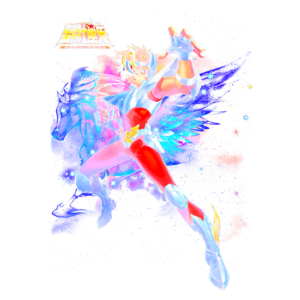 Imagem de um personagem de anime com traje colorido e detalhes metálicos, posando com uma expressão heroica. O fundo apresenta um efeito vibrante com estrelas e cores brilhantes, destacando a temática de fantasia e aventura.