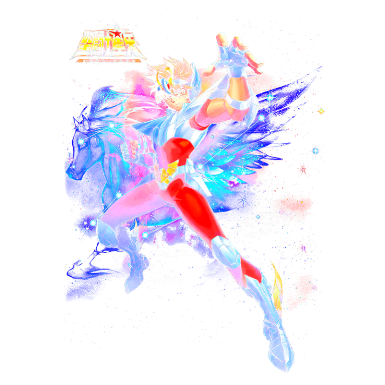 Imagem de um personagem de anime com traje colorido e detalhes metálicos, posando com uma expressão heroica. O fundo apresenta um efeito vibrante com estrelas e cores brilhantes, destacando a temática de fantasia e aventura.