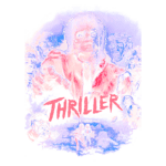 Capa do videoclipe "Thriller", dirigido por John Landis, com Michael Jackson em destaque, cercado por figuras de zumbis em um estilo artístico vibrante e dramático.