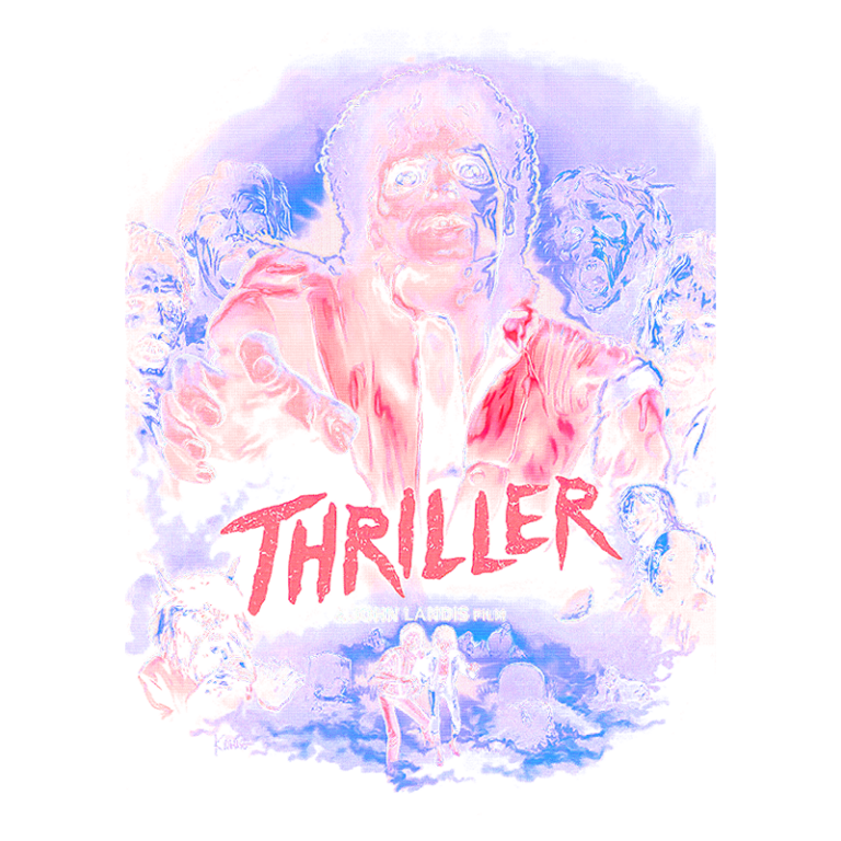 Capa do videoclipe "Thriller", dirigido por John Landis, com Michael Jackson em destaque, cercado por figuras de zumbis em um estilo artístico vibrante e dramático.