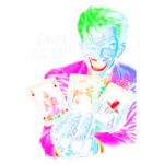 Imagem estilizada do Coringa segurando três cartas de baralho, com um sorriso sinistro e cores vibrantes. A arte destaca a personalidade maluca do personagem, famoso por sua relação com o Batman.