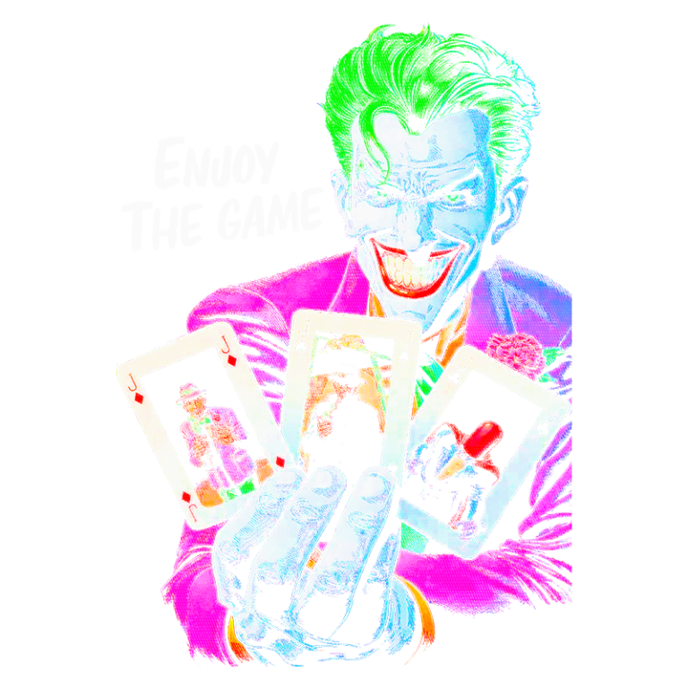 Imagem estilizada do Coringa segurando três cartas de baralho, com um sorriso sinistro e cores vibrantes. A arte destaca a personalidade maluca do personagem, famoso por sua relação com o Batman.