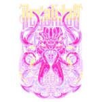 Ilustração vibrante e surreal com elementos grotescos e lettering estilizado em português e caracteres chineses, destacando o tema de poder e mistério. Ideal para artes de capas de álbuns ou merchandising.