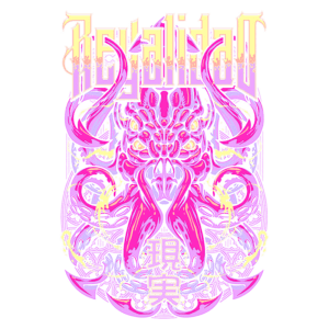 Ilustração vibrante e surreal com elementos grotescos e lettering estilizado em português e caracteres chineses, destacando o tema de poder e mistério. Ideal para artes de capas de álbuns ou merchandising.