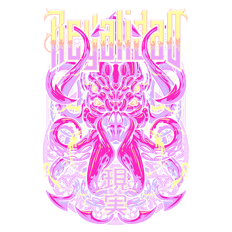 Ilustração vibrante e surreal com elementos grotescos e lettering estilizado em português e caracteres chineses, destacando o tema de poder e mistério. Ideal para artes de capas de álbuns ou merchandising.