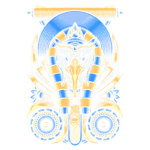 Ilustração digital colorida de uma figura mitológica com cabeça de elefante e elementos decorativos, incluindo padrões em azul e dourado, representando uma fusão de estilos artísticos e simbolismo cultural.