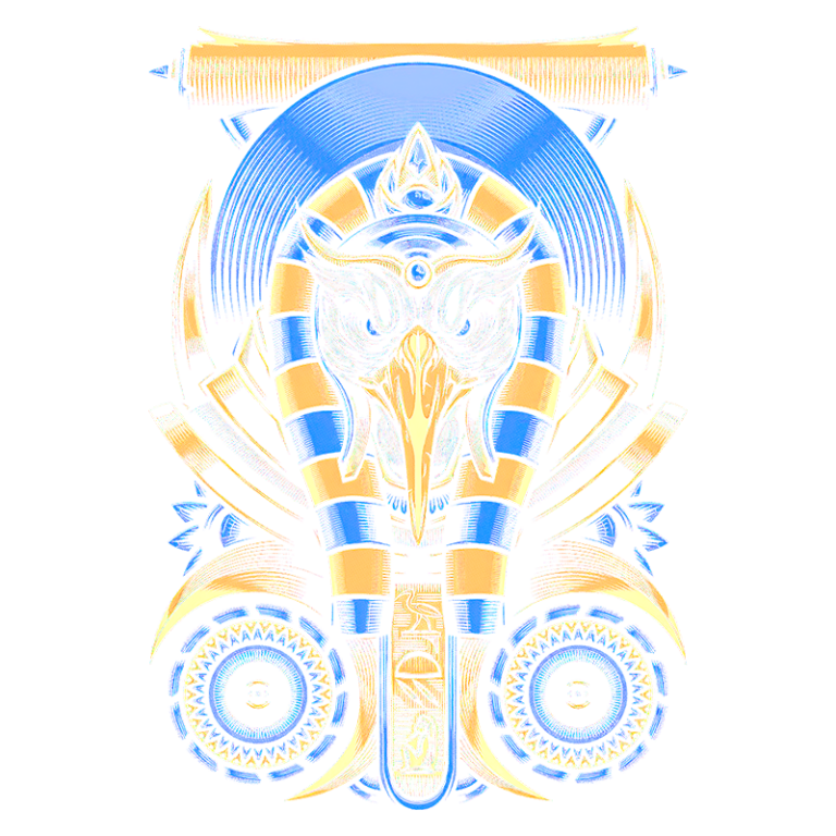Ilustração digital colorida de uma figura mitológica com cabeça de elefante e elementos decorativos, incluindo padrões em azul e dourado, representando uma fusão de estilos artísticos e simbolismo cultural.