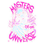 Ilustração de arte dos "Mestres do Universo", apresentando uma figura esquelética com garras, cercada por elementos visuais vibrantes. A imagem destaca elementos de fantasia e ação, representando o apelo nostálgico da popular franquia.