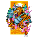 Imagem de um tigre estilizado com armadura futurista, em pose dinâmica, cercado por árvores e um sol vibrante ao fundo. O design apresenta cores vivas e elementos de arte pop, transmitindo uma sensação de força e energia.