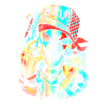 Imagem de uma arte estilizada de um esqueleto segurando uma arma e notas de dinheiro, usando uma jaqueta e um boné estilizado com a frase "Shut Up". A paleta de cores vibrantes destaca detalhes como anéis e pulseiras.