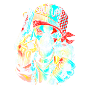 Imagem de uma arte estilizada de um esqueleto segurando uma arma e notas de dinheiro, usando uma jaqueta e um boné estilizado com a frase "Shut Up". A paleta de cores vibrantes destaca detalhes como anéis e pulseiras.