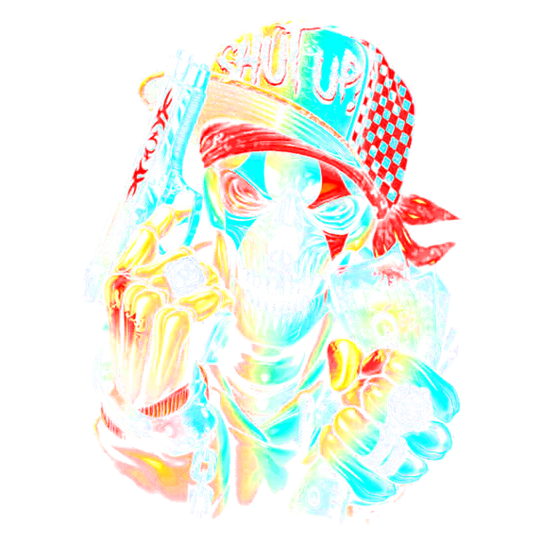 Imagem de uma arte estilizada de um esqueleto segurando uma arma e notas de dinheiro, usando uma jaqueta e um boné estilizado com a frase "Shut Up". A paleta de cores vibrantes destaca detalhes como anéis e pulseiras.