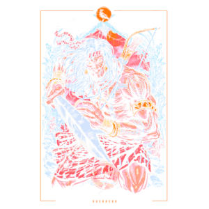 Imagem de um personagem guerreiro com cabelo longo e despenteado, segurando uma grande espada em uma mão e um arco na outra. O fundo é colorido em tons de azul e vermelho, destacando a figura central e criando uma atmosfera vibrante e dinâmica. O personagem exibe uma armadura detalhada e um olhar determinado.