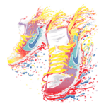 Tênis Nike em um design vibrante e colorido, com destaque para os detalhes em azul, amarelo e vermelho, ilustrando estilo e performance em atividades esportivas. Ideal para amantes de moda e esportes.