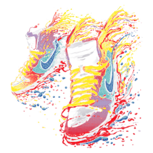 Tênis Nike em um design vibrante e colorido, com destaque para os detalhes em azul, amarelo e vermelho, ilustrando estilo e performance em atividades esportivas. Ideal para amantes de moda e esportes.