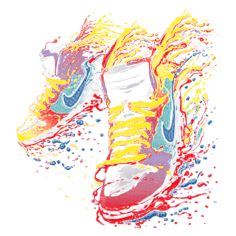 Tênis Nike em um design vibrante e colorido, com destaque para os detalhes em azul, amarelo e vermelho, ilustrando estilo e performance em atividades esportivas. Ideal para amantes de moda e esportes.