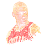 Imagem estilizada de um jogador de basquete, com palavras relacionadas à sua carreira e conquistas formando seu contorno, retratando a importância e impacto no esporte. Ideal para fãs de basquete e arte tipográfica.