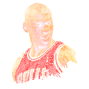 Imagem estilizada de um jogador de basquete, com palavras relacionadas à sua carreira e conquistas formando seu contorno, retratando a importância e impacto no esporte. Ideal para fãs de basquete e arte tipográfica.