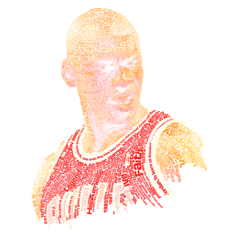 Imagem estilizada de um jogador de basquete, com palavras relacionadas à sua carreira e conquistas formando seu contorno, retratando a importância e impacto no esporte. Ideal para fãs de basquete e arte tipográfica.
