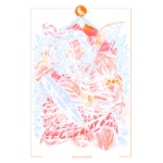 Ilustração vibrante de um guerreiro com uma espada, adornado com armaduras e acessórios. O fundo colorido destaca detalhes do personagem, enquanto a lua cheia fica visível no alto. Ideal para temas de fantasia e aventura.