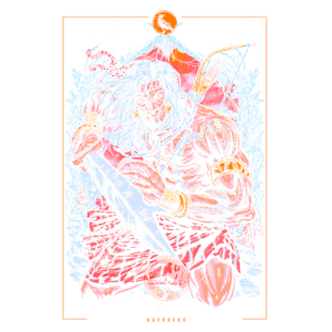 Ilustração vibrante de um guerreiro com uma espada, adornado com armaduras e acessórios. O fundo colorido destaca detalhes do personagem, enquanto a lua cheia fica visível no alto. Ideal para temas de fantasia e aventura.