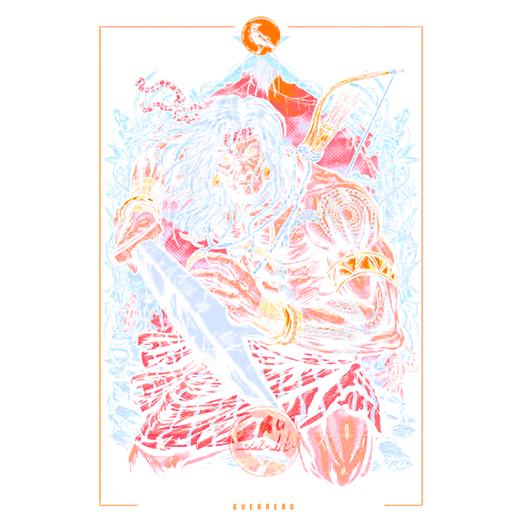Ilustração vibrante de um guerreiro com uma espada, adornado com armaduras e acessórios. O fundo colorido destaca detalhes do personagem, enquanto a lua cheia fica visível no alto. Ideal para temas de fantasia e aventura.
