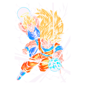 Imagem icônica de personagens de anime, mostrando dois Saiyajins com cabelos loiros e longos. Um personagem está executando um ataque poderoso com uma esfera de energia, enquanto o outro se prepara para ajudar. Fundo colorido e dinâmico denota ação e movimento, representando o mundo dos guerreiros superpoderosos.