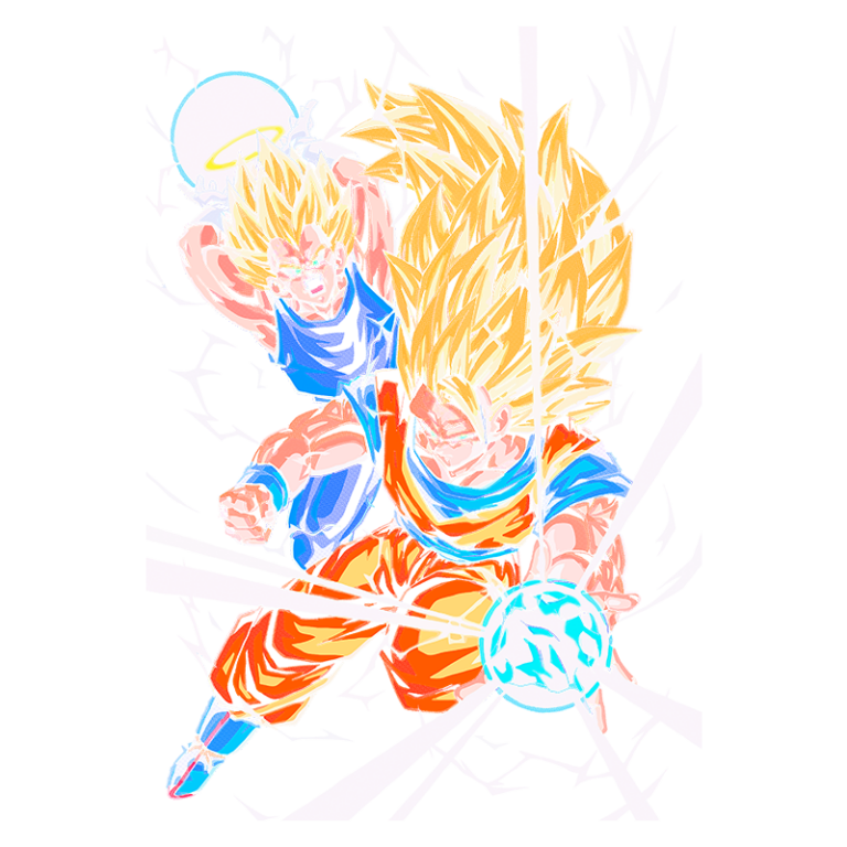 Imagem icônica de personagens de anime, mostrando dois Saiyajins com cabelos loiros e longos. Um personagem está executando um ataque poderoso com uma esfera de energia, enquanto o outro se prepara para ajudar. Fundo colorido e dinâmico denota ação e movimento, representando o mundo dos guerreiros superpoderosos.
