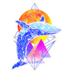 Ilustração vibrante de uma baleia com um salto estilizado, sobre um fundo geométrico com um sol laranja ao fundo e formas triangulares em cores rosa e roxa, destacando elementos de arte contemporânea e natureza marinha.