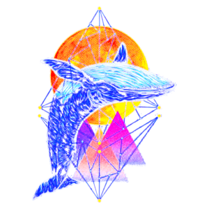 Ilustração vibrante de uma baleia com um salto estilizado, sobre um fundo geométrico com um sol laranja ao fundo e formas triangulares em cores rosa e roxa, destacando elementos de arte contemporânea e natureza marinha.