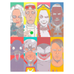 Ilustração colorida de personagens da série "Esquadrão Suicida", apresentando figuras icônicas como Harley Quinn e outras em um estilo de arte vibrante.