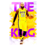 Jogador de basquete LeBron James, vestindo o uniforme do Los Angeles Lakers, com a bola em mãos e fundo vibrante em amarelo e roxo, destacando as palavras "THE KING".