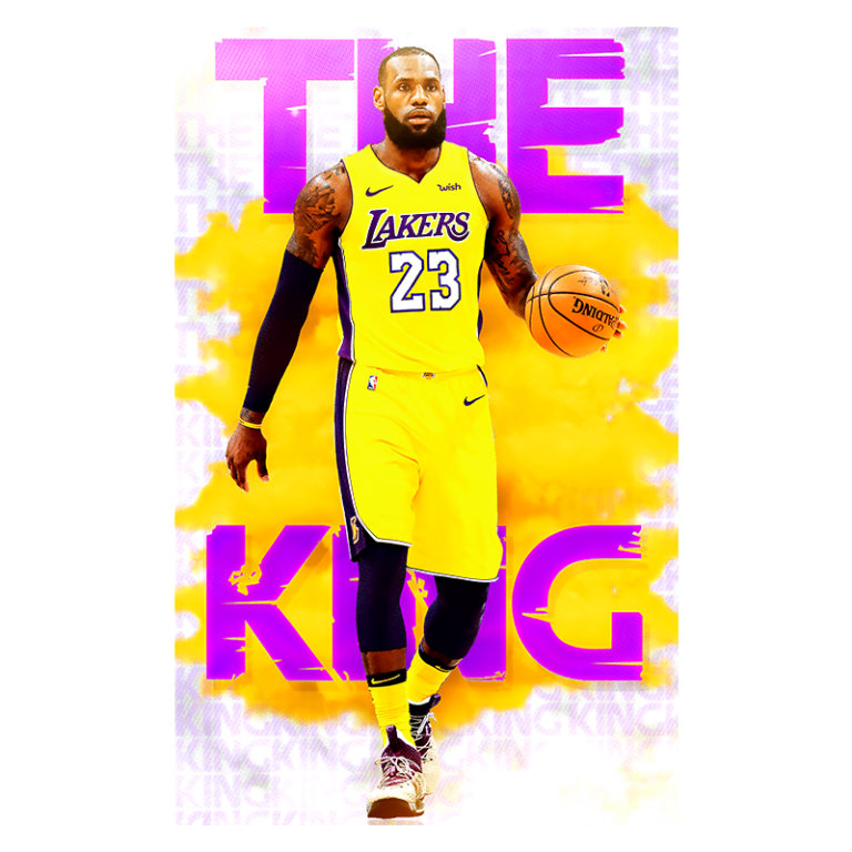 Jogador de basquete LeBron James, vestindo o uniforme do Los Angeles Lakers, com a bola em mãos e fundo vibrante em amarelo e roxo, destacando as palavras "THE KING".