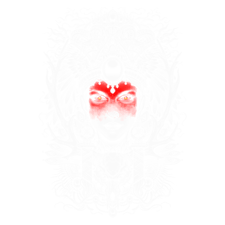 Ilustração detalhada de uma figura feminina com adornos elaborados, maquiagem vermelha e elementos místicos, incluindo um crânio e símbolos ocultos, evocando temas de mitologia e espiritualidade.