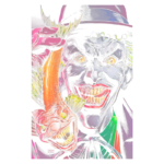 Ilustração vibrante do Coringa segurando um peixe monstruoso, com expressões grotescas e sorrisos ameaçadores. O fundo é psicodélico, destacando a estética sombria e divertida do personagem icônico dos quadrinhos.