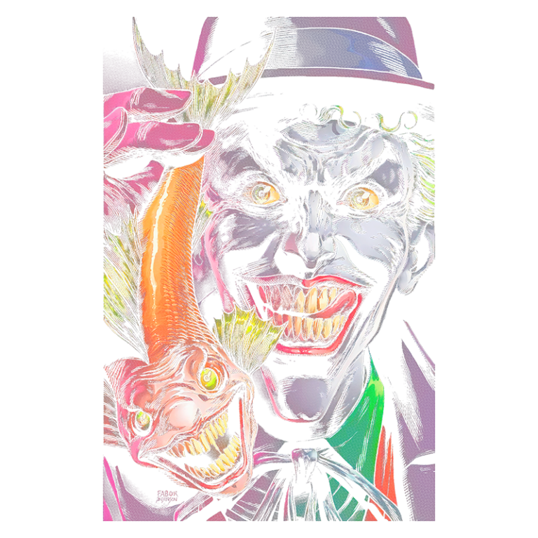 Ilustração vibrante do Coringa segurando um peixe monstruoso, com expressões grotescas e sorrisos ameaçadores. O fundo é psicodélico, destacando a estética sombria e divertida do personagem icônico dos quadrinhos.