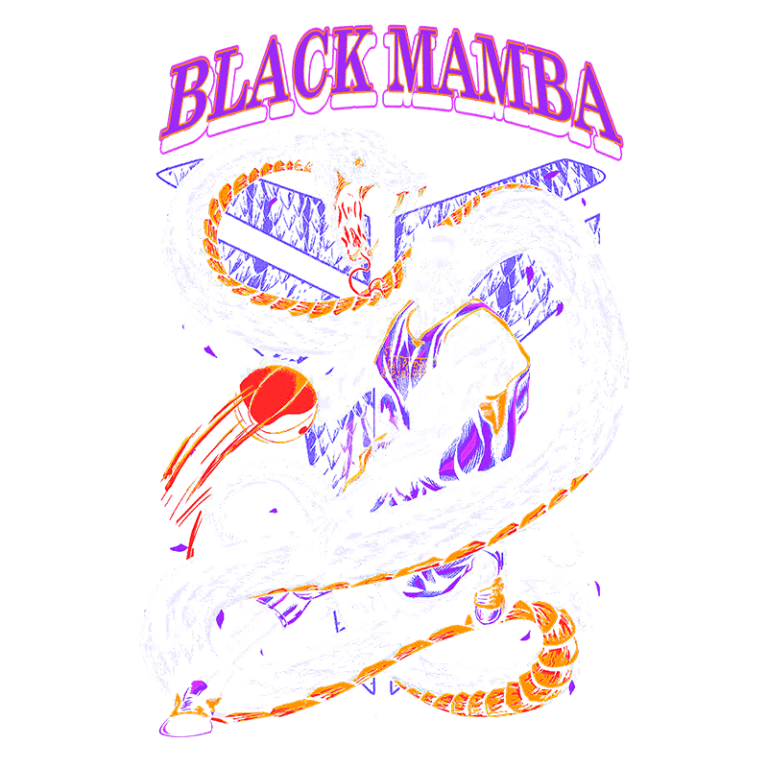 Ilustração de um jogador de basquete, inspirado no apelido "Black Mamba", rodeado por uma serpente. O jogador está com a bola, vestindo um uniforme, com cores vibrantes e design estilizado. A imagem transmite energia e dinamismo, destacando o tema do basquete.