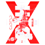 Jogador de basquete em ação, representando o Chicago Bulls, com foco na camisa número 23. O design destaca o logotipo do Air Jordan e elementos gráficos do United Center, como uma composição vibrante nas cores vermelho e branco.