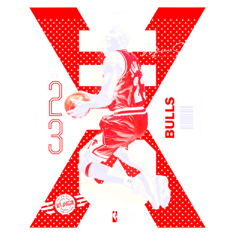 Jogador de basquete em ação, representando o Chicago Bulls, com foco na camisa número 23. O design destaca o logotipo do Air Jordan e elementos gráficos do United Center, como uma composição vibrante nas cores vermelho e branco.
