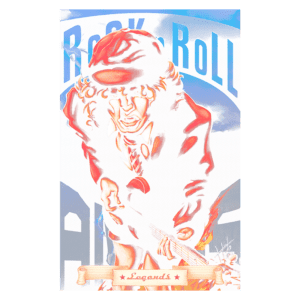 Ilustração estilizada de um músico de rock tocando guitarra, com um fundo que destaca a frase "Rock 'n' Roll". A arte enfatiza a energia do rock, com cores vibrantes e um toque retro. A palavra "Legends" está visivelmente inserida na parte inferior da imagem.