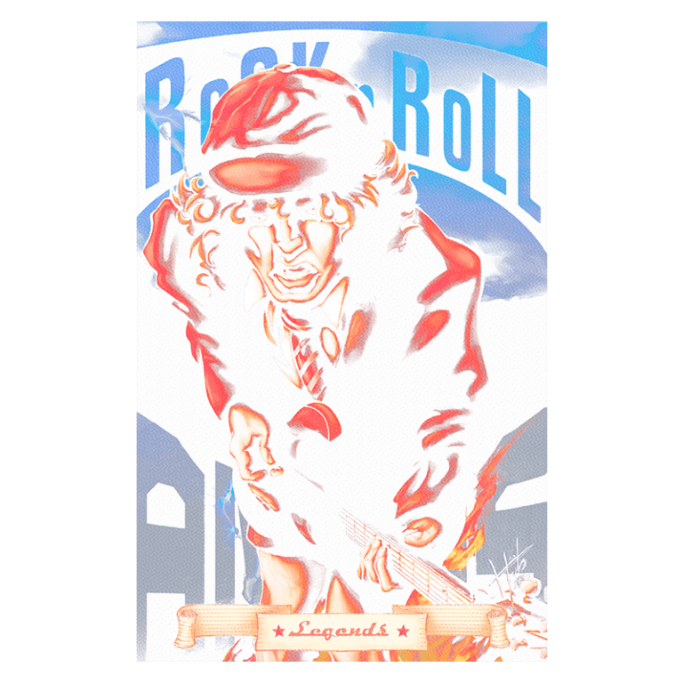 Ilustração estilizada de um músico de rock tocando guitarra, com um fundo que destaca a frase "Rock 'n' Roll". A arte enfatiza a energia do rock, com cores vibrantes e um toque retro. A palavra "Legends" está visivelmente inserida na parte inferior da imagem.