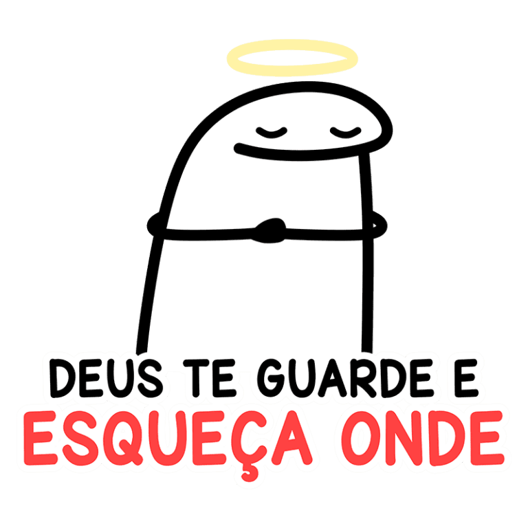Ilustração de um personagem com auréola, abraçando-se, com a frase "Deus te guarde e esqueça onde", transmitindo uma mensagem de proteção e carinho. Ideal para posts sobre fé e positividade.