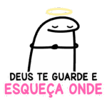 Imagem de um personagem cartoon com um halo, abraçando-se, acompanhado da frase "Deus te guarde e esqueça onde". Ideal para expressar carinho e proteção.