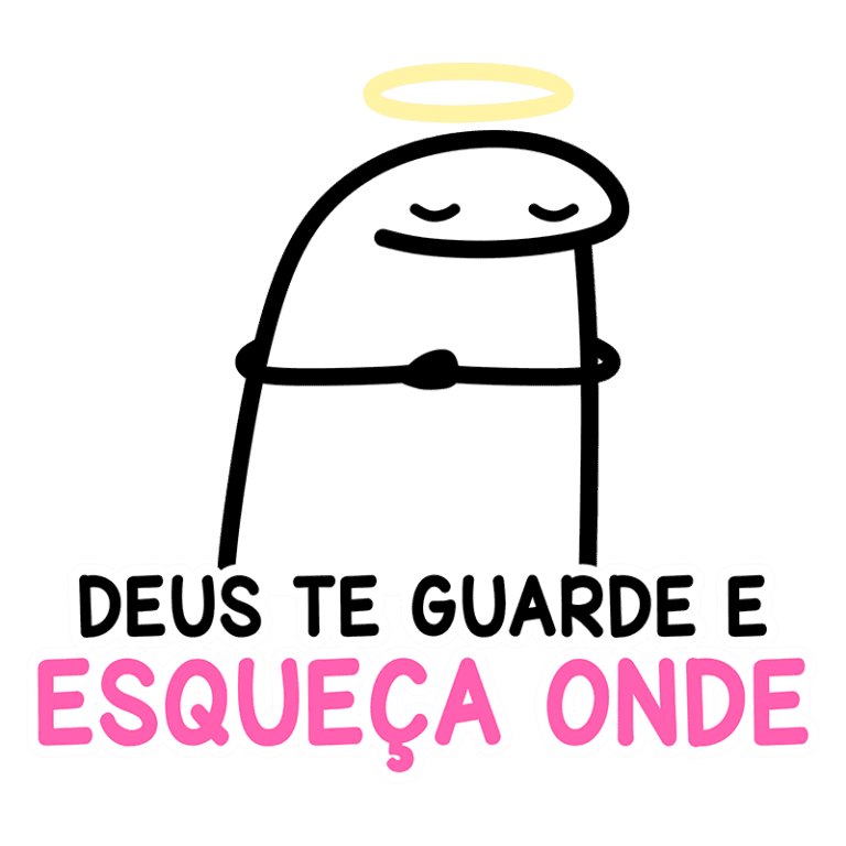 Imagem de um personagem cartoon com um halo, abraçando-se, acompanhado da frase "Deus te guarde e esqueça onde". Ideal para expressar carinho e proteção.