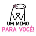 Personagem cartoon com uma flor na cabeça fazendo um gesto de coração com as mãos, acompanhado do texto "Um mimo para você!" em cores vibrantes. Ideal para expressar carinho e afeto.