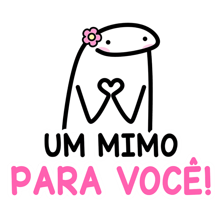 Personagem cartoon com uma flor na cabeça fazendo um gesto de coração com as mãos, acompanhado do texto "Um mimo para você!" em cores vibrantes. Ideal para expressar carinho e afeto.